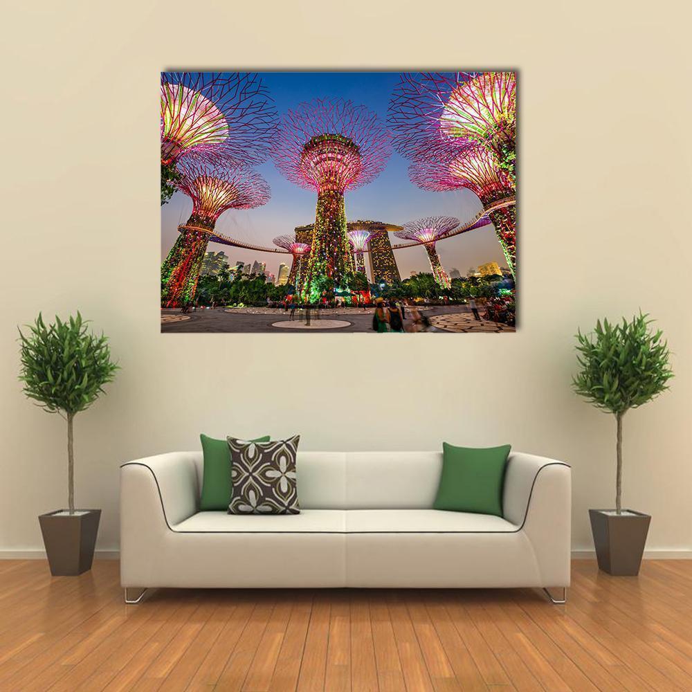 Supertree Grove at Gardens by the Bay Canvas Wall Art in green, blue and purple, single panel hung on a wall
