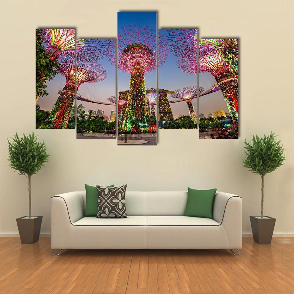Super Trees At Gardens By The Bay Canvas Wall Art-5 Pop-Gallery Wrap-47" x 32"-Tiaracle