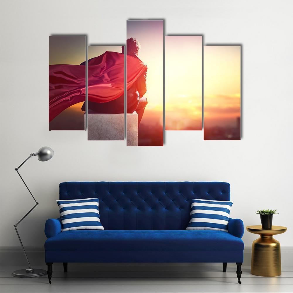 Superhero With Sunset Canvas Wall Art-5 Pop-Gallery Wrap-47" x 32"-Tiaracle