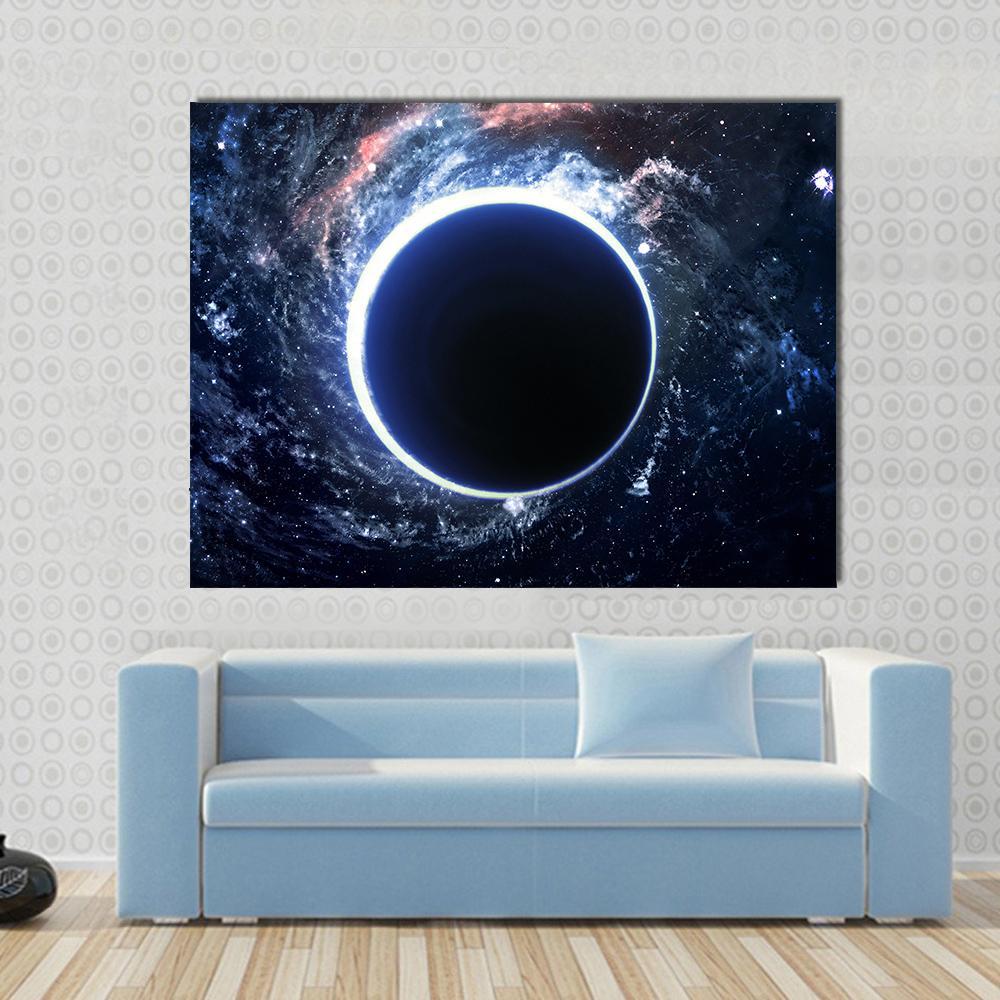 Supermassive Black Hole Canvas Wall Art in black, white and blue, single panel hung on a wall