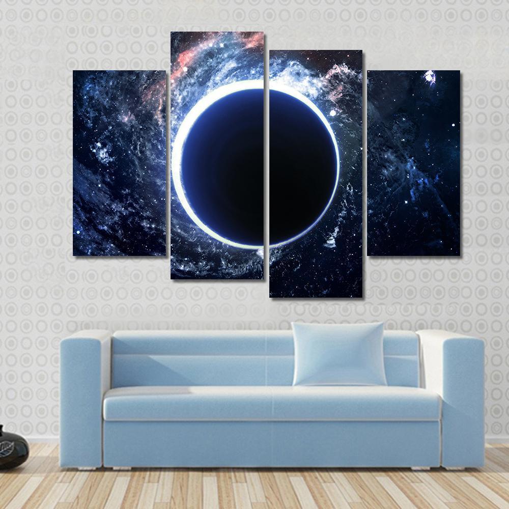 Supermassive Black Hole Canvas Wall Art in black, white and blue, 4 panel Pop layout hung on a wall