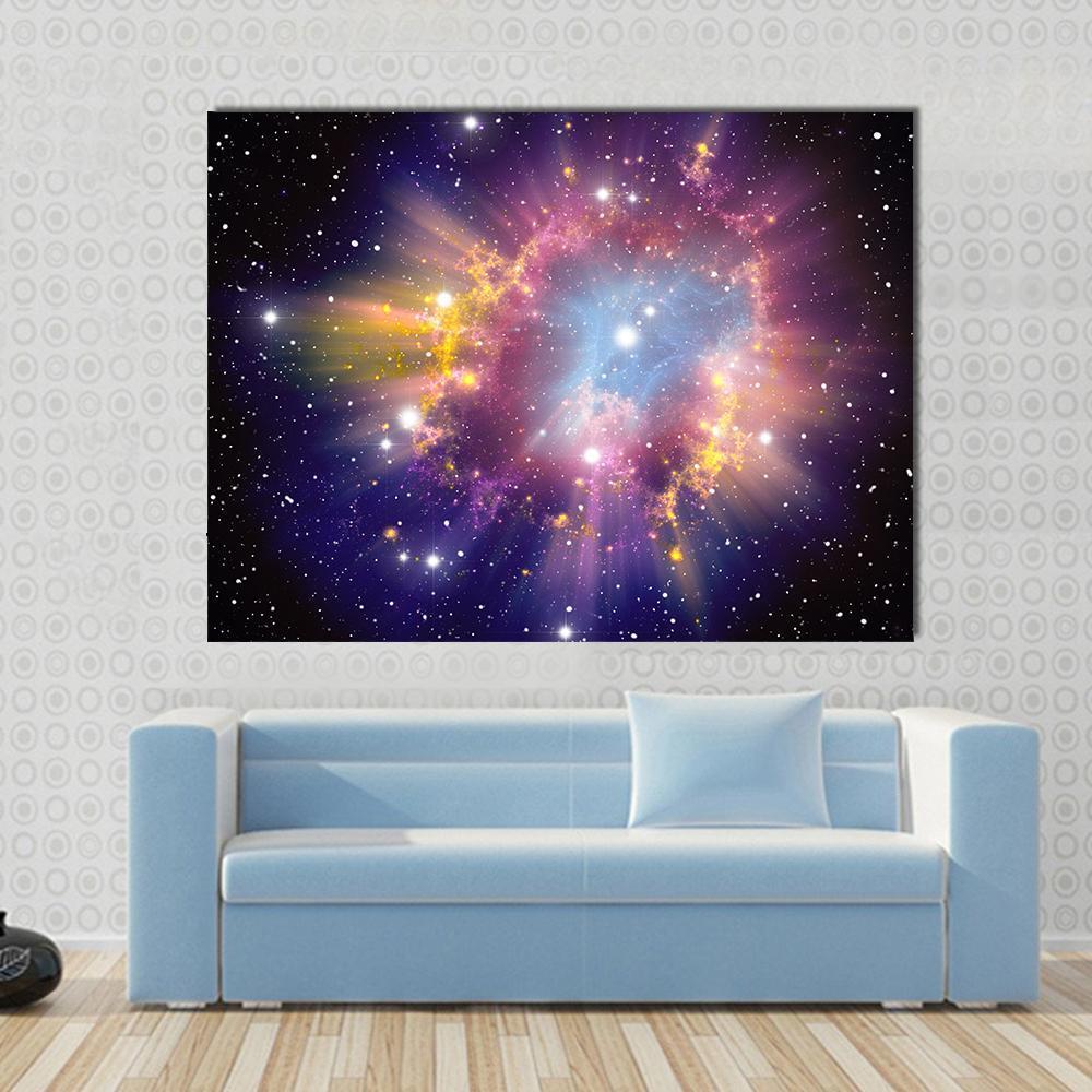 Supernova Explosion Canvas Wall Art in black, yellow and purple, single panel hung on a wall