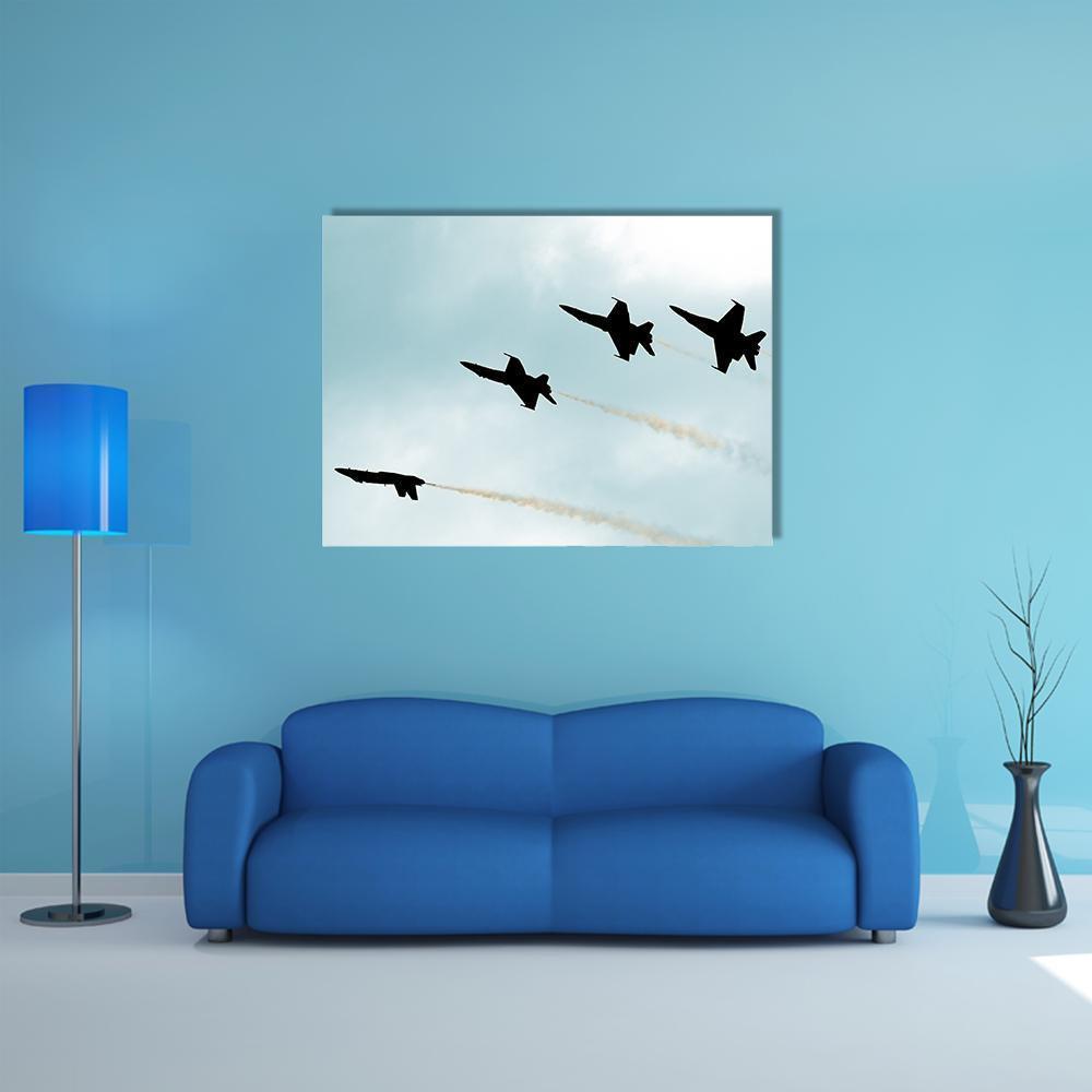 Supersonic Jets in Silhouette Canvas Wall Art in black, white and blue, single panel hung on a wall