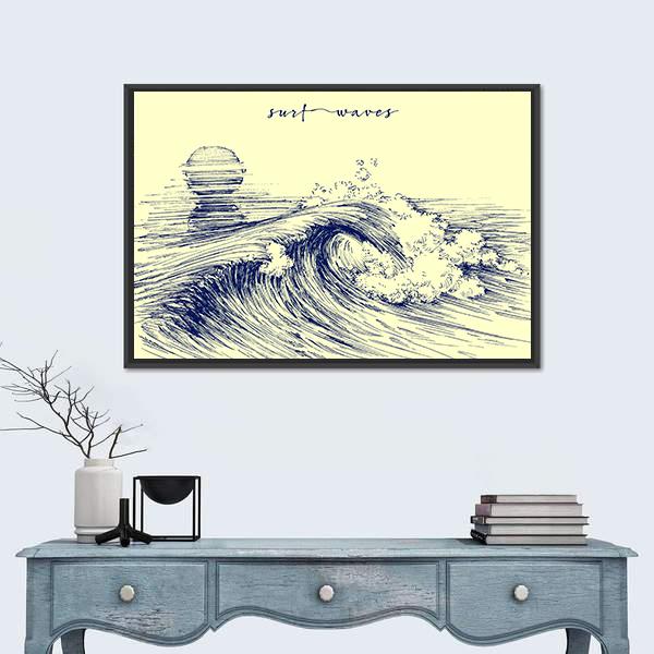Hand-drawn Surf Waves Illustration Canvas Wall Art in beige and blue, framed canvas, product view on a white background
