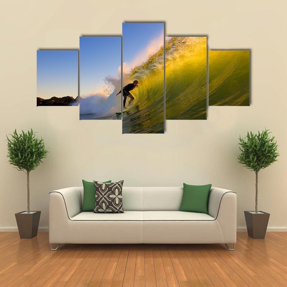 Surfer at Sunset Canvas Wall Art-5 Star-Gallery Wrap-62&quot; x 32&quot;-Tiaracle