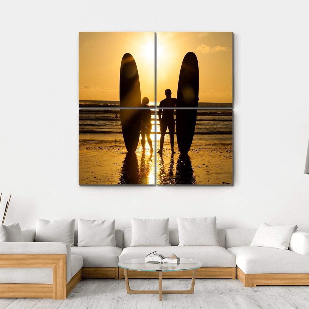 Surfer Couple Holding Long Surf Boards At Sunset On Beach Canvas