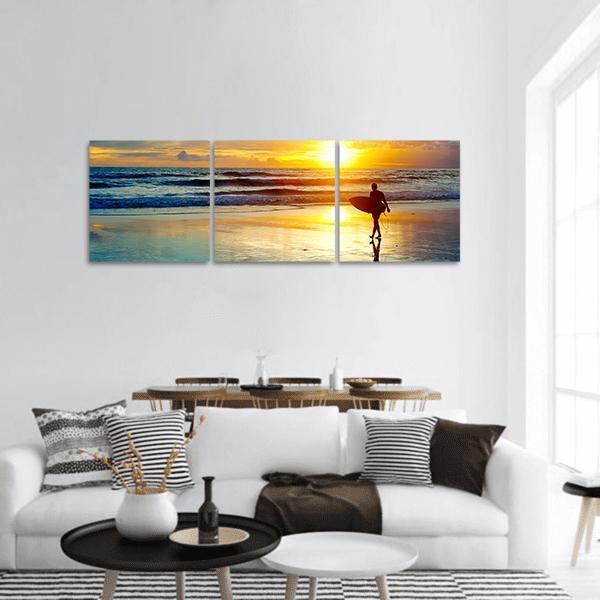 Surfer On Beach At Sunset Panoramic Canvas Wall Art-3 Piece-25" x 08"-Tiaracle