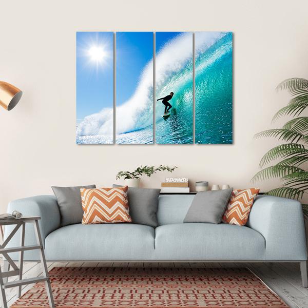 Surfer On Blue Ocean Wave Canvas Wall Art-4 Horizontal-Gallery Wrap-34&quot; x 24&quot;-Tiaracle