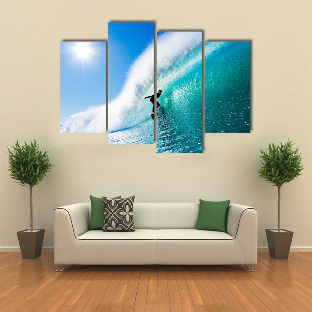 Surfer On Blue Ocean Wave Canvas Wall Art-4 Pop-Gallery Wrap-34&quot; x 20&quot;-Tiaracle