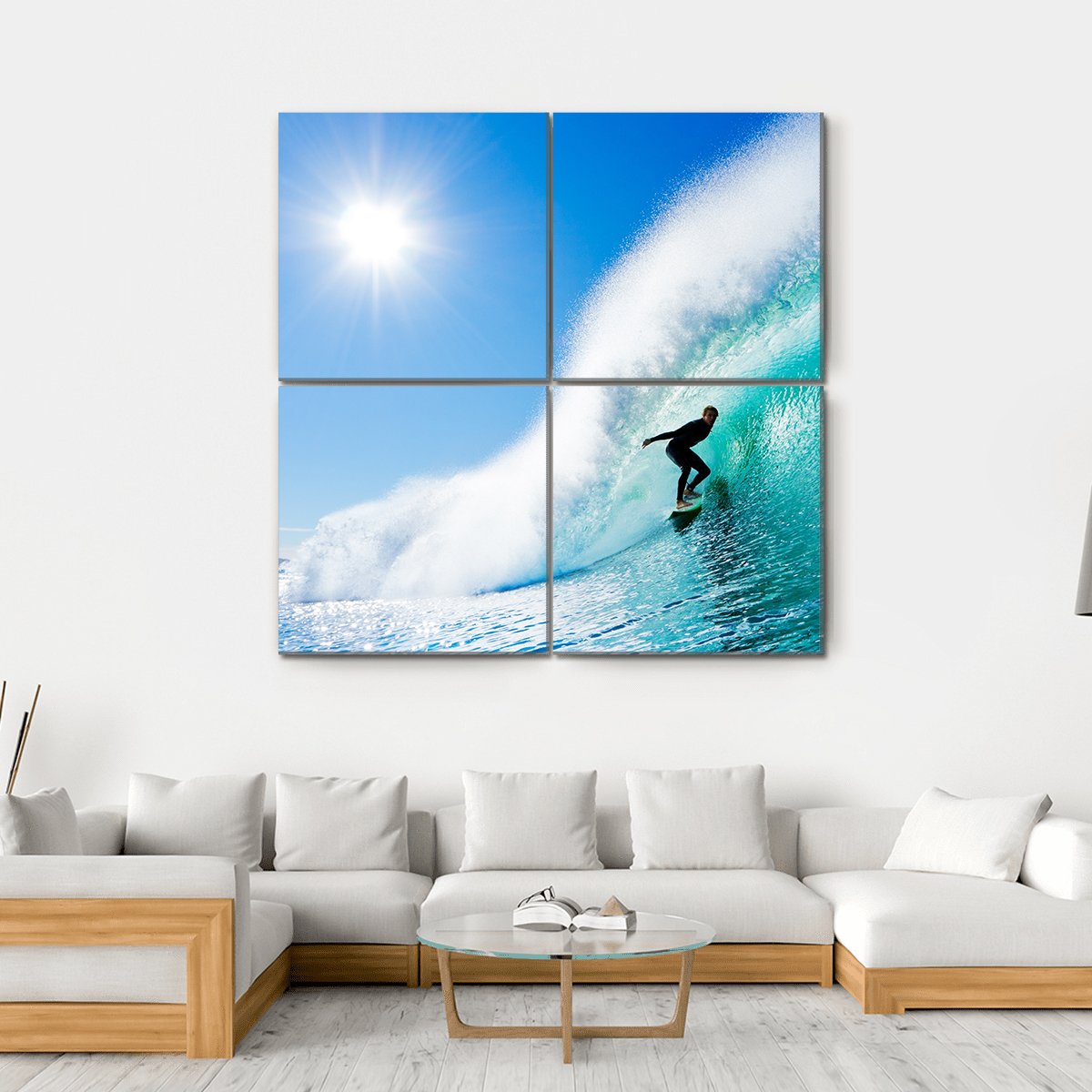 Surfer On Blue Ocean Wave Canvas Wall Art-4 Square-Gallery Wrap-17" x 17"-Tiaracle