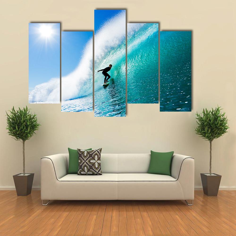 Surfer On Blue Ocean Wave Canvas Wall Art-5 Pop-Gallery Wrap-32" x 21"-Tiaracle