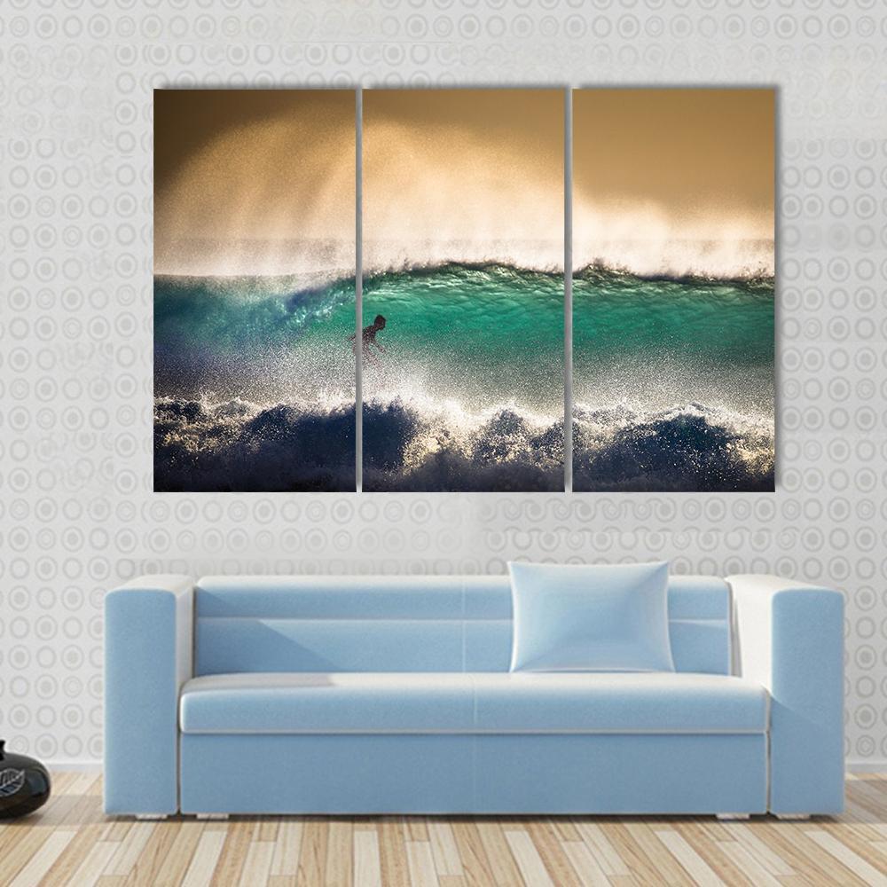 Surfer On Blue Ocean Wave in Bali Indonesia Canvas Wall Art-1 Piece-Gallery Wrap-48" x 32"-Tiaracle