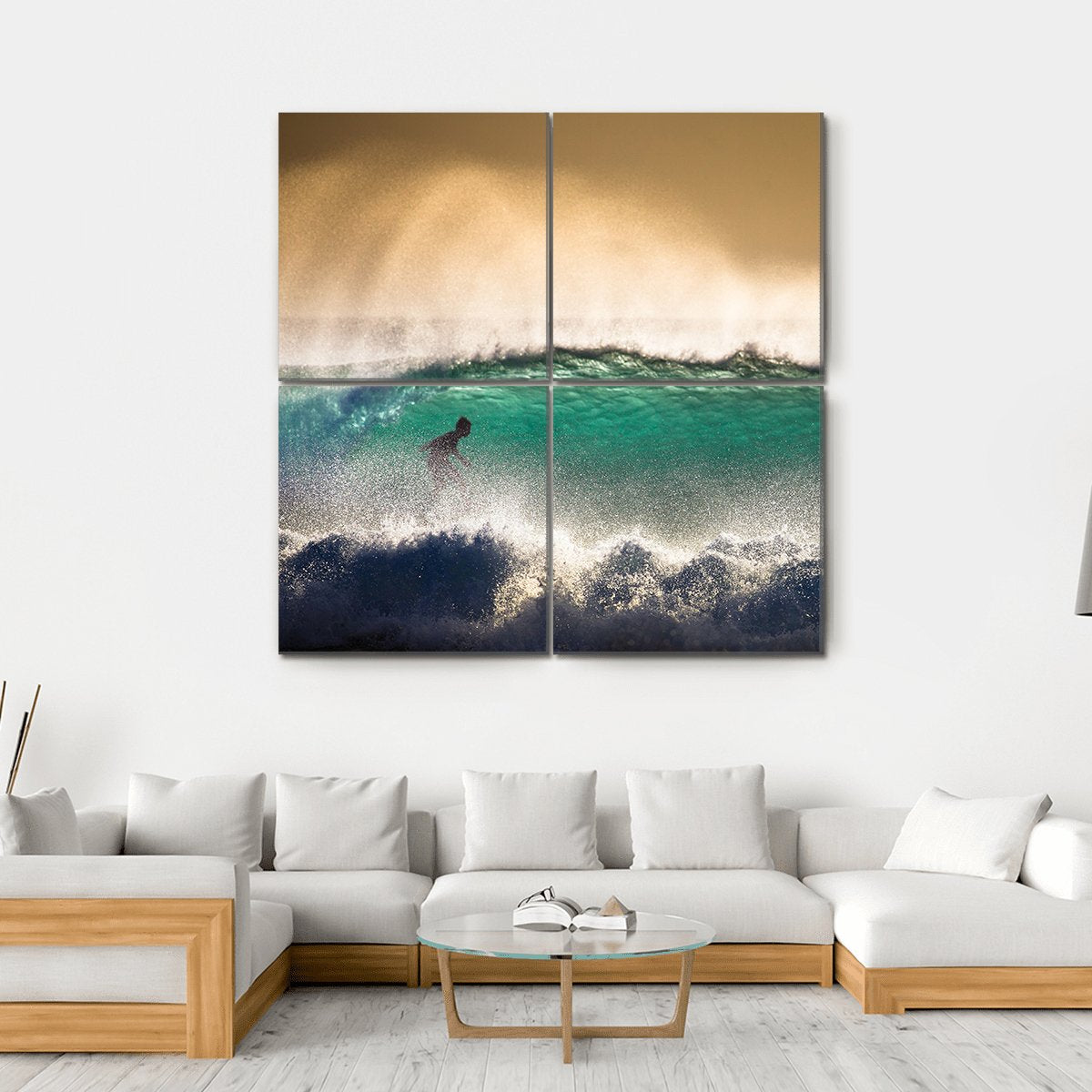 Surfer On Blue Ocean Wave in Bali Indonesia Canvas Wall Art-4 Square-Gallery Wrap-17&quot; x 17&quot;-Tiaracle