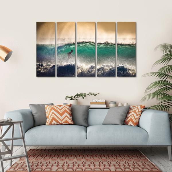 Surfer On Blue Ocean Wave in Bali Indonesia Canvas Wall Art-5 Horizontal-Gallery Wrap-22&quot; x 12&quot;-Tiaracle