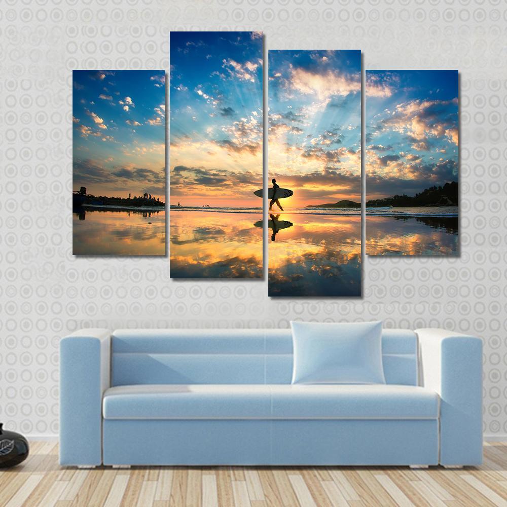 Surfer On Sea Shore Canvas Wall Art-4 Pop-Gallery Wrap-50&quot; x 32&quot;-Tiaracle