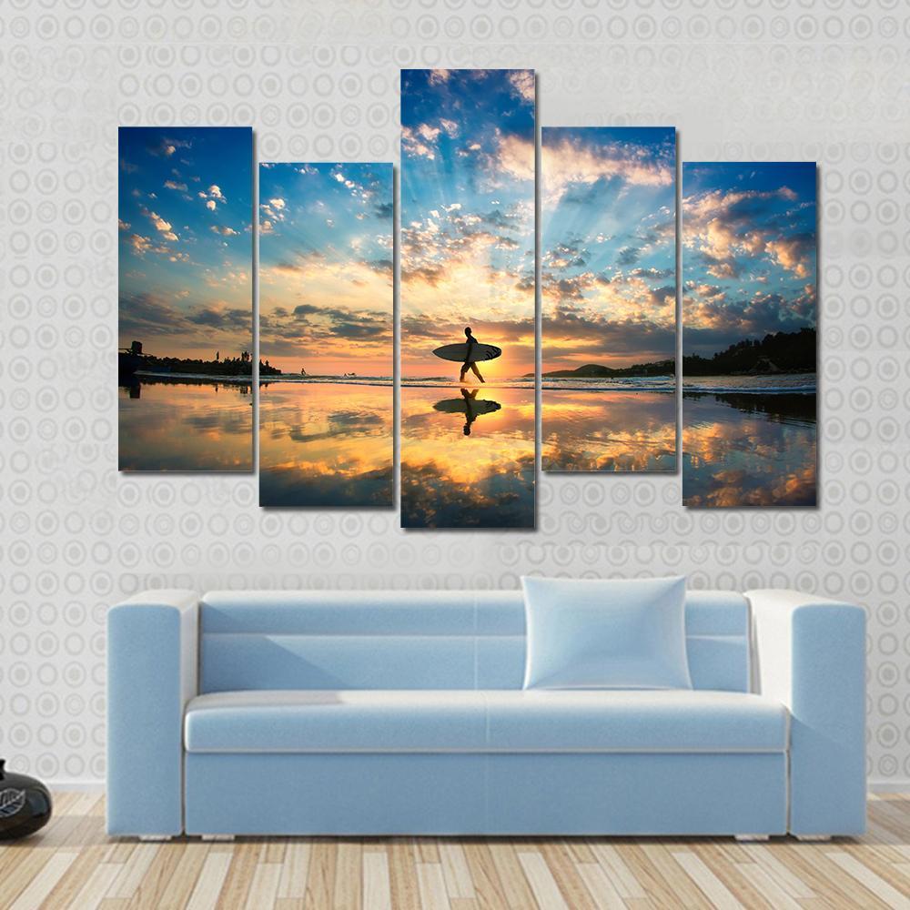 Surfer On Sea Shore Canvas Wall Art-5 Pop-Gallery Wrap-47&quot; x 32&quot;-Tiaracle