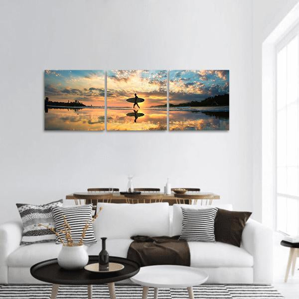 Surfer On Sea Shore Panoramic Canvas Wall Art-3 Piece-25" x 08"-Tiaracle
