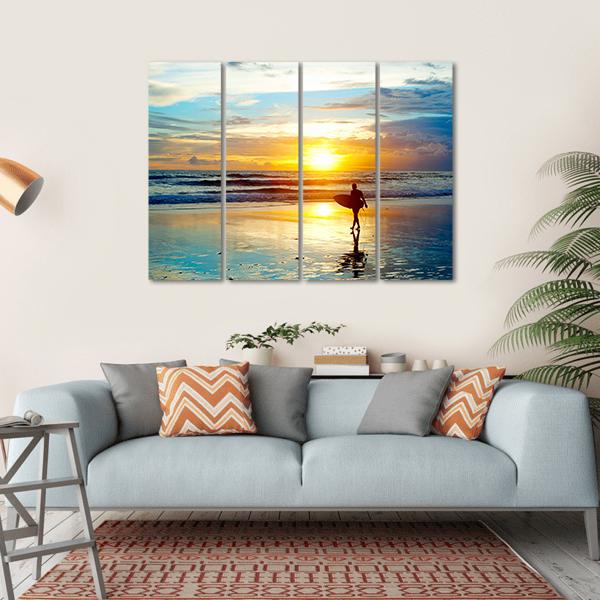 Surfer On The Ocean Beach At Sunset On Bali Island Indonesia Canvas Wall Art-4 Horizontal-Gallery Wrap-34" x 24"-Tiaracle