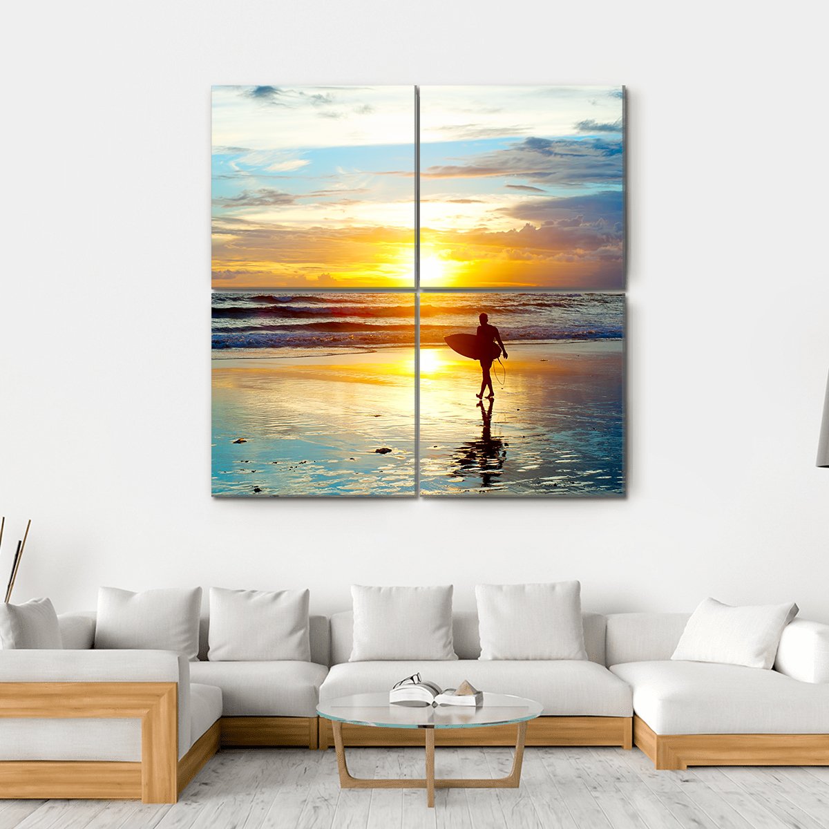 Surfer On The Ocean Beach At Sunset On Bali Island Indonesia Canvas Wall Art-4 Square-Gallery Wrap-17" x 17"-Tiaracle