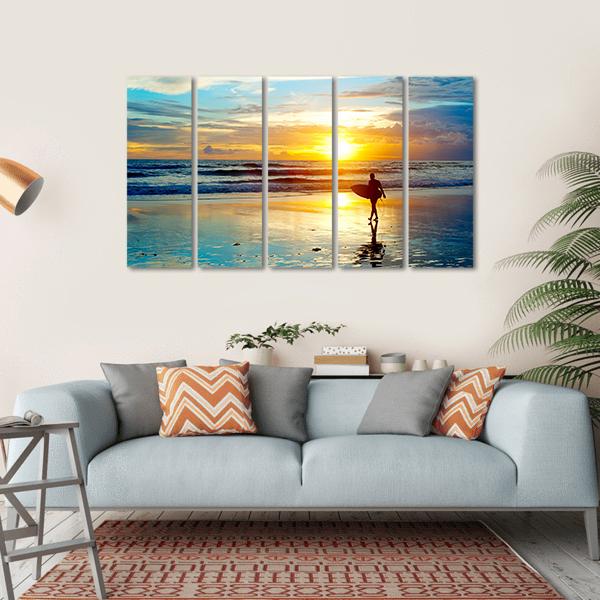 Surfer On The Ocean Beach At Sunset On Bali Island Indonesia Canvas Wall Art-5 Horizontal-Gallery Wrap-22" x 12"-Tiaracle