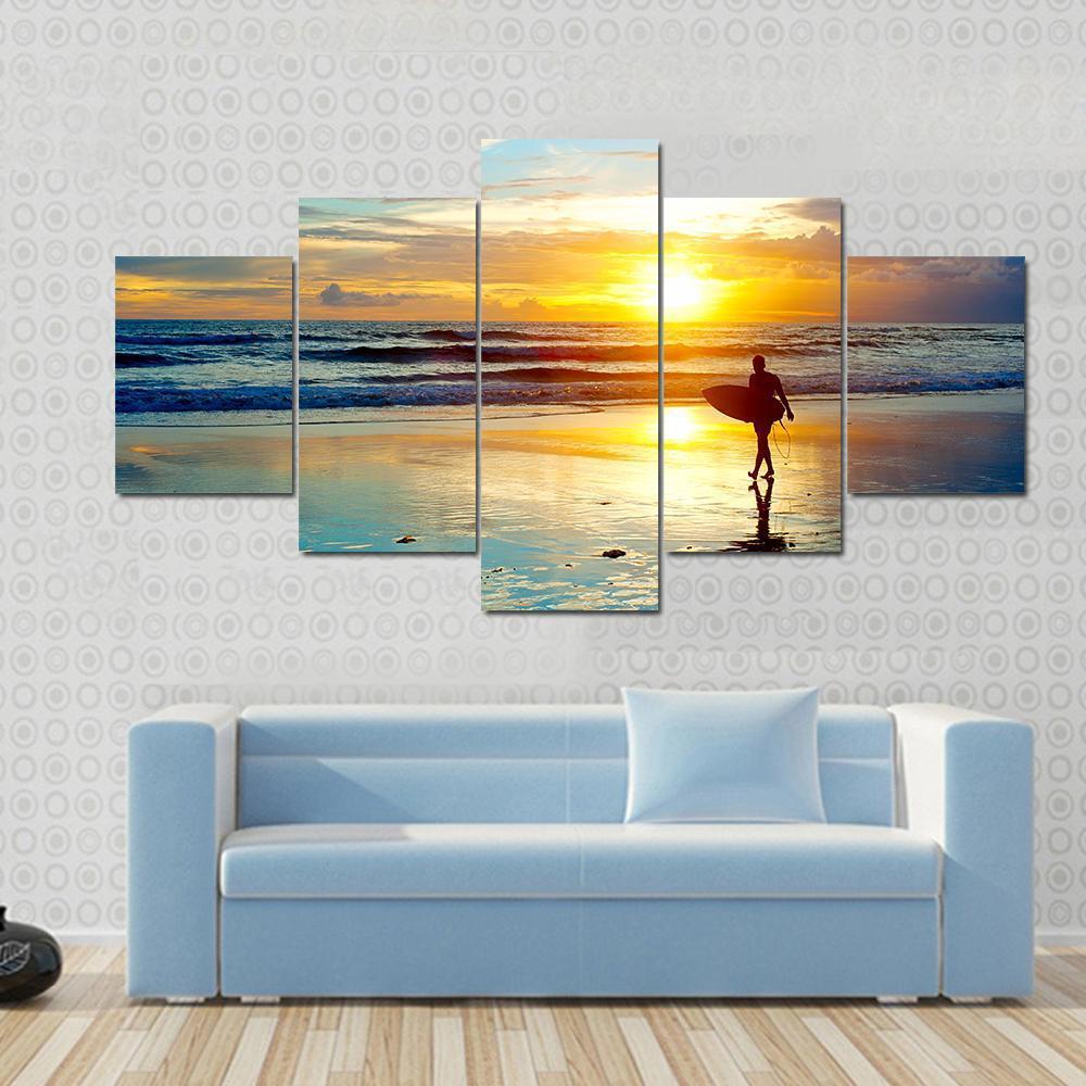 Surfer On The Ocean Beach At Sunset On Bali Island Indonesia Canvas Wall Art-5 Star-Gallery Wrap-62" x 32"-Tiaracle