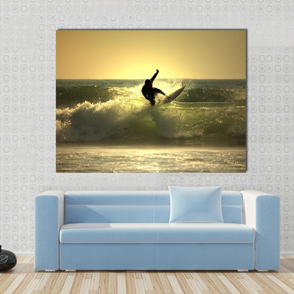 Surfer Surfing At Sunset Canvas Wall Art-1 Piece-Gallery Wrap-36&quot; x 24&quot;-Tiaracle