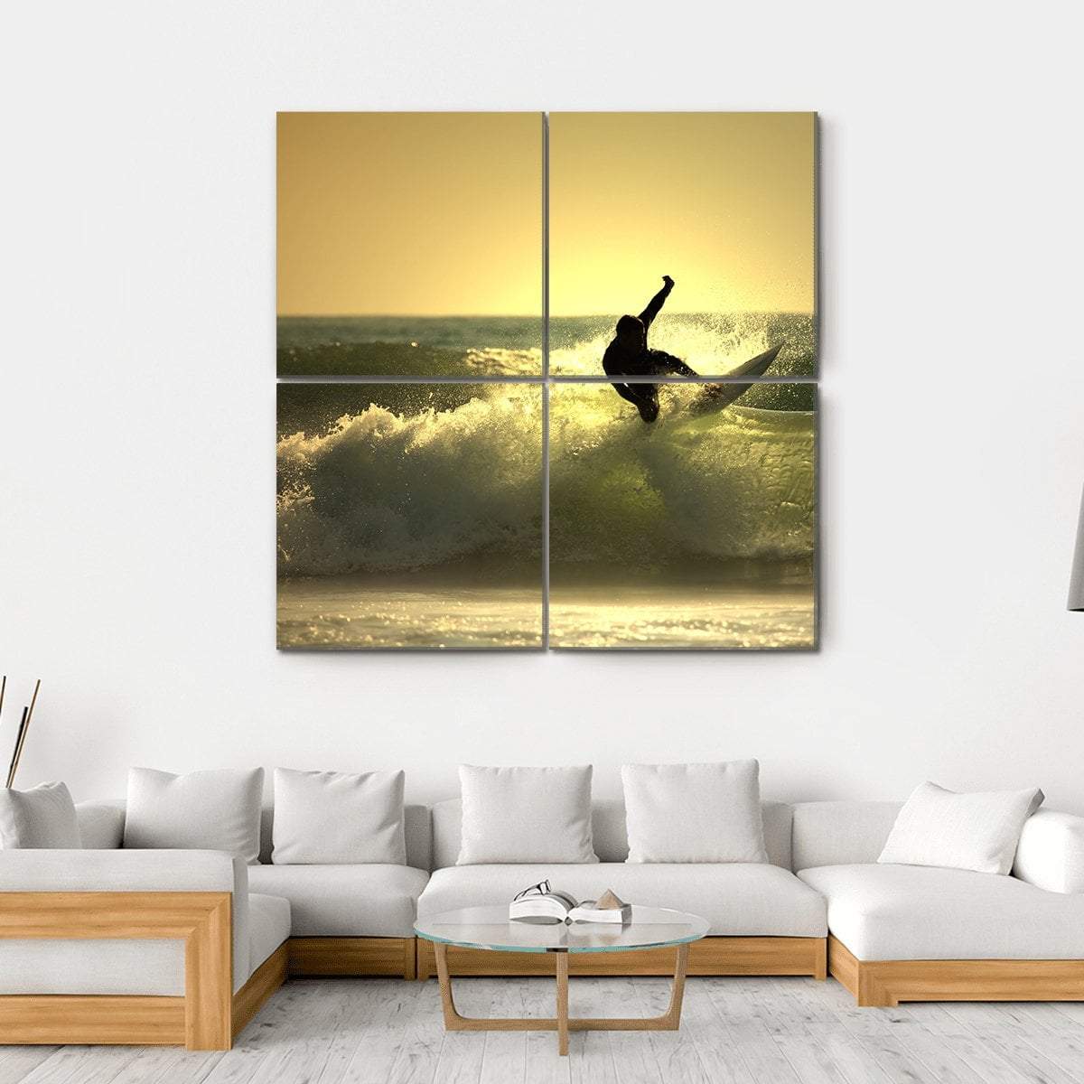 Surfer Surfing At Sunset Canvas Wall Art-4 Square-Gallery Wrap-17" x 17"-Tiaracle
