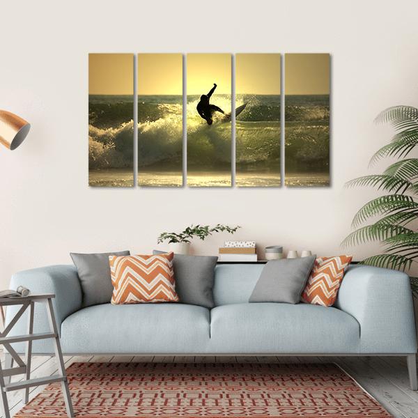 Surfer Surfing At Sunset Canvas Wall Art-5 Horizontal-Gallery Wrap-22" x 12"-Tiaracle