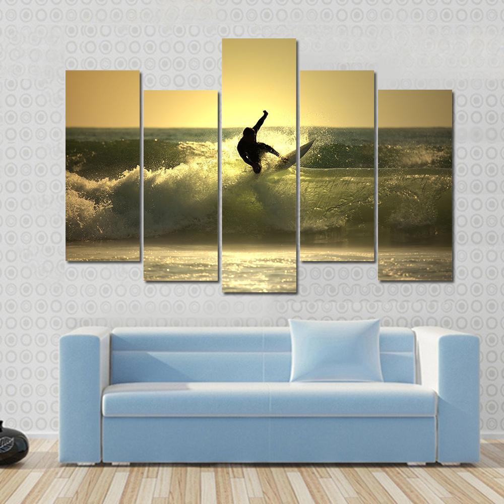 Surfer Surfing At Sunset Canvas Wall Art-5 Pop-Gallery Wrap-47" x 32"-Tiaracle