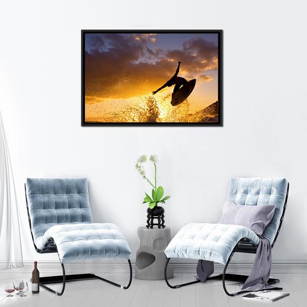 Surfing At Sunset Canvas Wall Art-1 Piece-Floating Frame-24&quot; x 16&quot;-Tiaracle