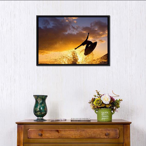 Surfing At Sunset Canvas Wall Art-3 Horizontal-Gallery Wrap-25&quot; x 16&quot;-Tiaracle