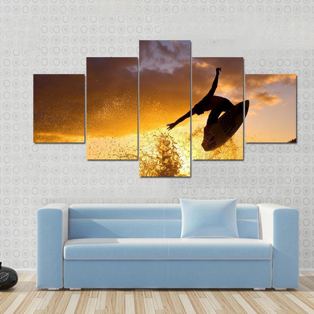 Surfing At Sunset Canvas Wall Art-5 Star-Gallery Wrap-62&quot; x 32&quot;-Tiaracle