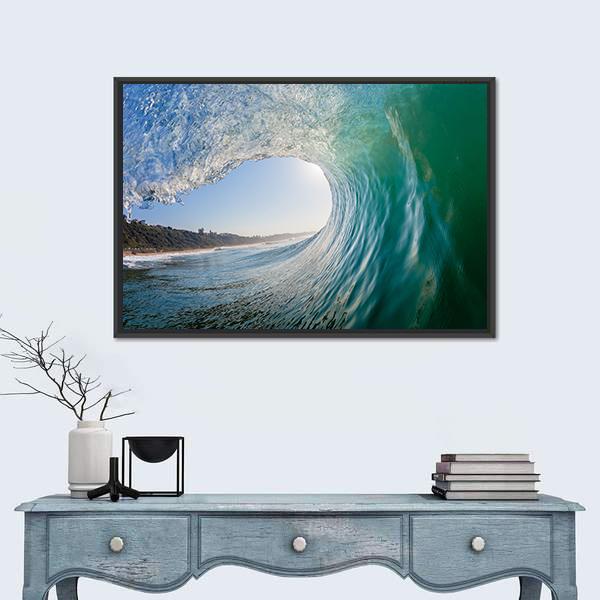 Surfing View Inside Hollow Wave Canvas Wall Art in white, green and blue, framed canvas, product view on a white background