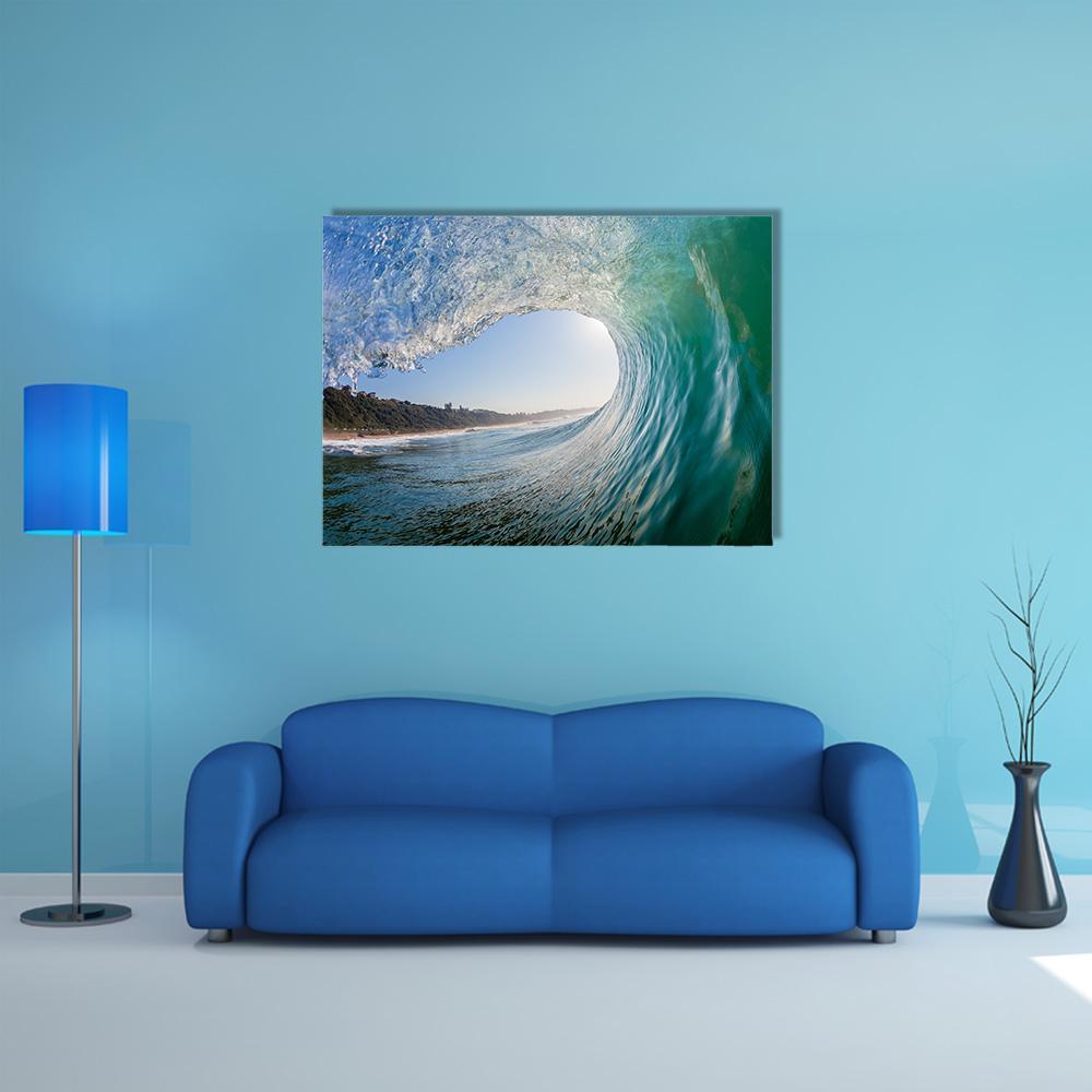 Surfing View Inside Hollow Wave Canvas Wall Art in white, green and blue, single panel hung on a wall