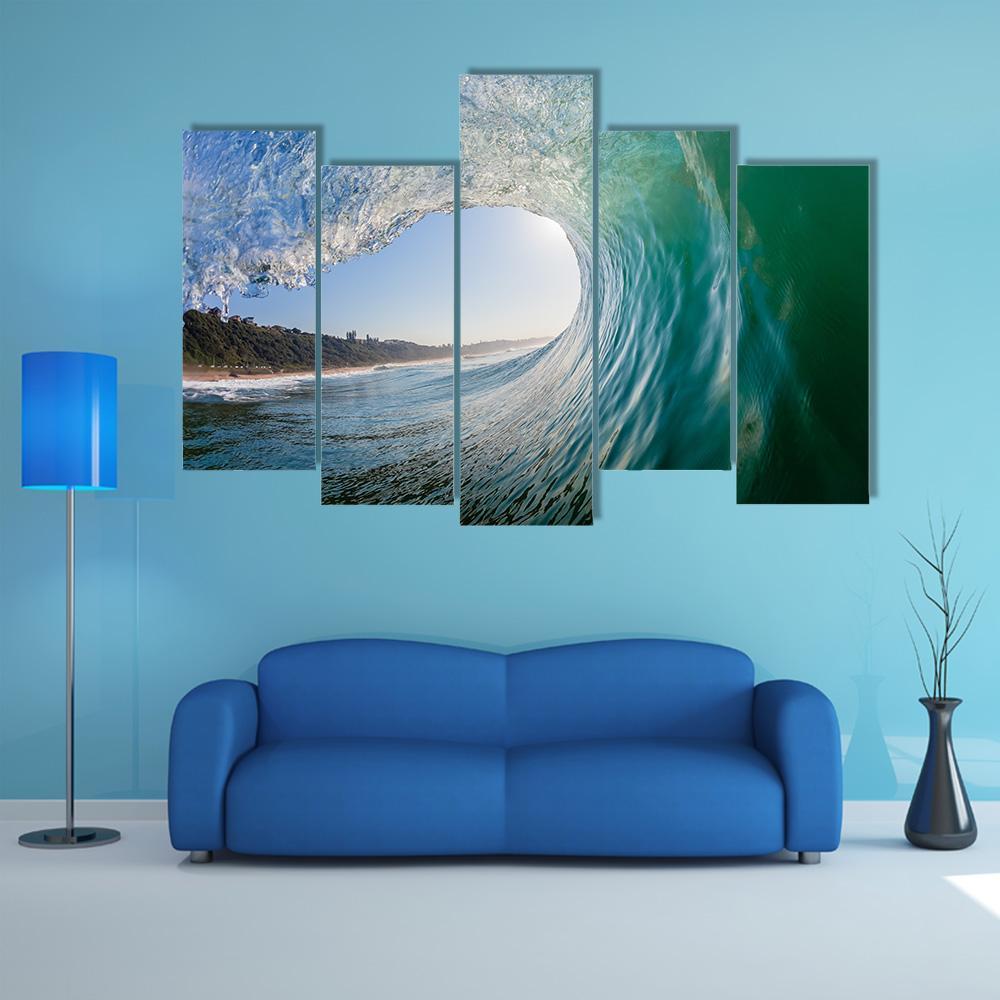 Surfing View Of Hollow Crashing Ocean Wave Canvas Wall Art-5 Pop-Gallery Wrap-47&quot; x 32&quot;-Tiaracle