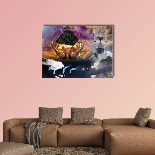 Surreal Pyramid with Hourglass and Hands Canvas Wall Art in gold, blue and purple, single panel hung on a wall