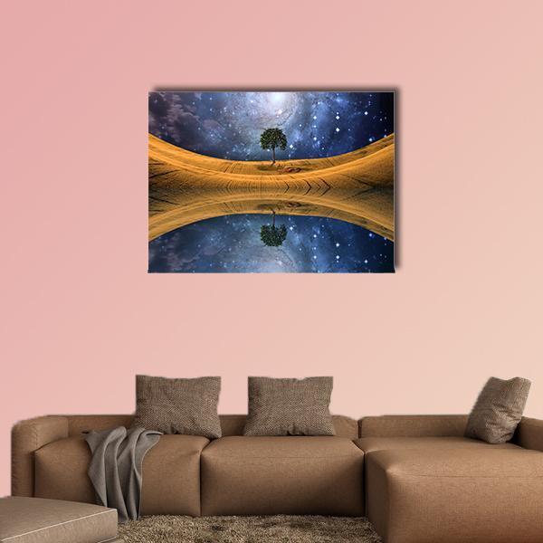 Nebula Over Golden Lake with Solitary Tree Canvas Wall Art in gold, yellow and blue, single panel hung on a wall