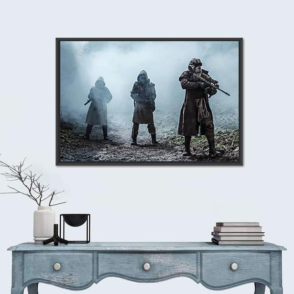 Survivors In Tatters And Gas Mask Canvas Wall Art-1 Piece-Floating Frame-24" x 16"-Tiaracle