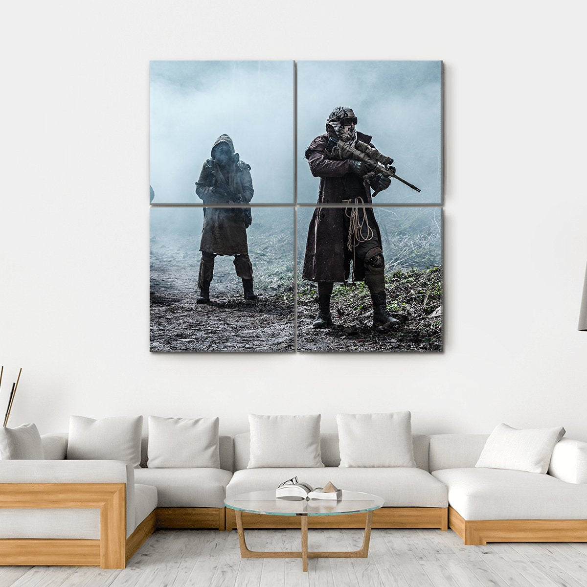 Survivors In Tatters And Gas Mask Canvas Wall Art-4 Square-Gallery Wrap-17" x 17"-Tiaracle