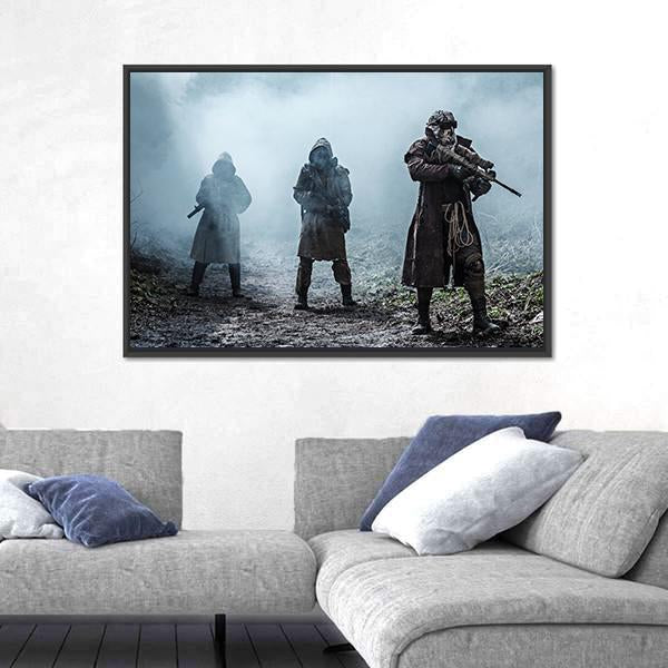 Survivors In Tatters And Gas Mask Canvas Wall Art-3 Horizontal-Gallery Wrap-25" x 16"-Tiaracle