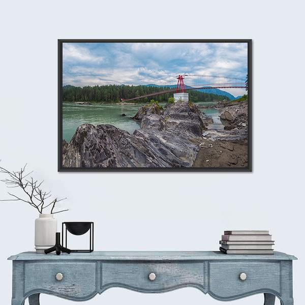 Suspension Bridge On Mountain River Canvas Wall Art-1 Piece-Floating Frame-24" x 16"-Tiaracle