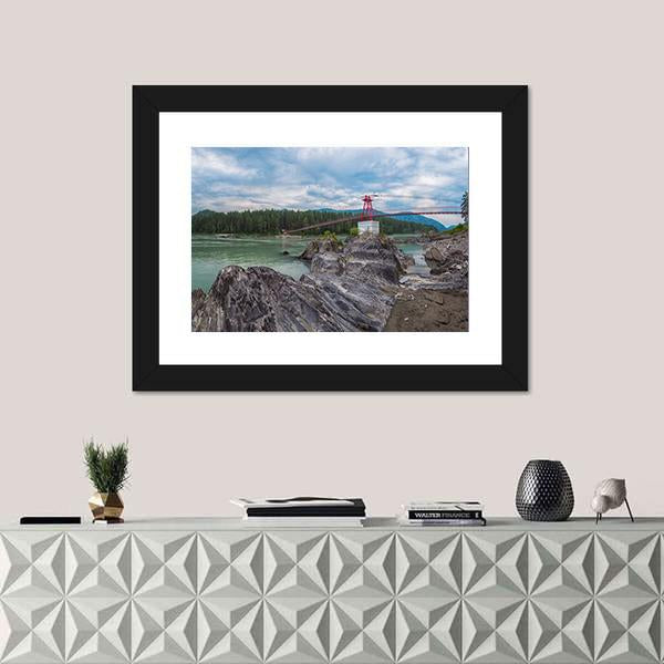 Suspension Bridge On Mountain River Canvas Wall Art-1 Piece-Framed Print-20" x 16"-Tiaracle
