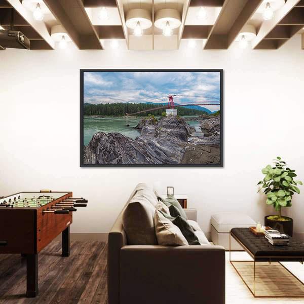 Suspension Bridge On Mountain River Canvas Wall Art-3 Horizontal-Gallery Wrap-25" x 16"-Tiaracle