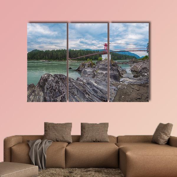 Suspension Bridge On Mountain River Canvas Wall Art-3 Horizontal-Gallery Wrap-37" x 24"-Tiaracle