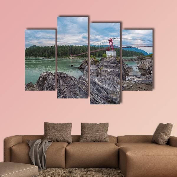 Suspension Bridge On Mountain River Canvas Wall Art-4 Pop-Gallery Wrap-50" x 32"-Tiaracle