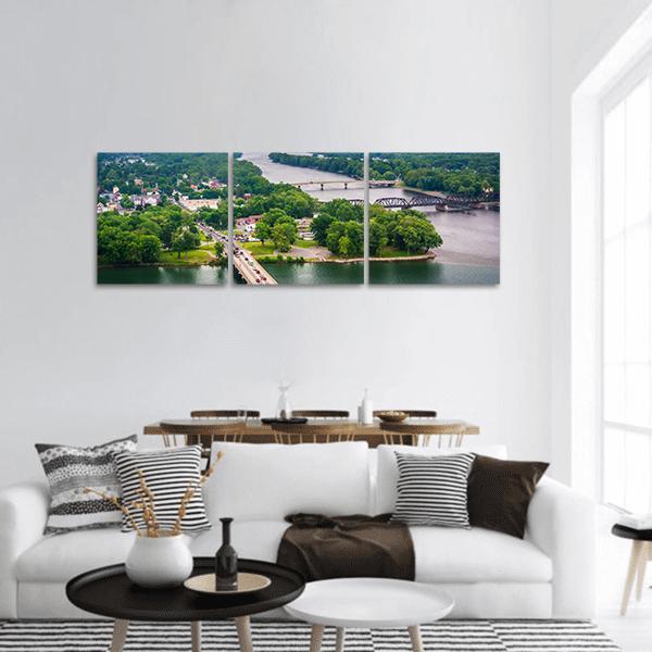 Susquehanna River at Northumberland Panoramic Canvas Wall Art in gray, green and blue, hung on a wall