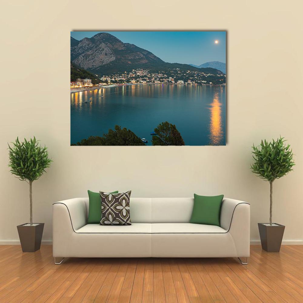 Sutomore Night Mountain View Canvas Wall Art in black, gold and blue, single panel hung on a wall