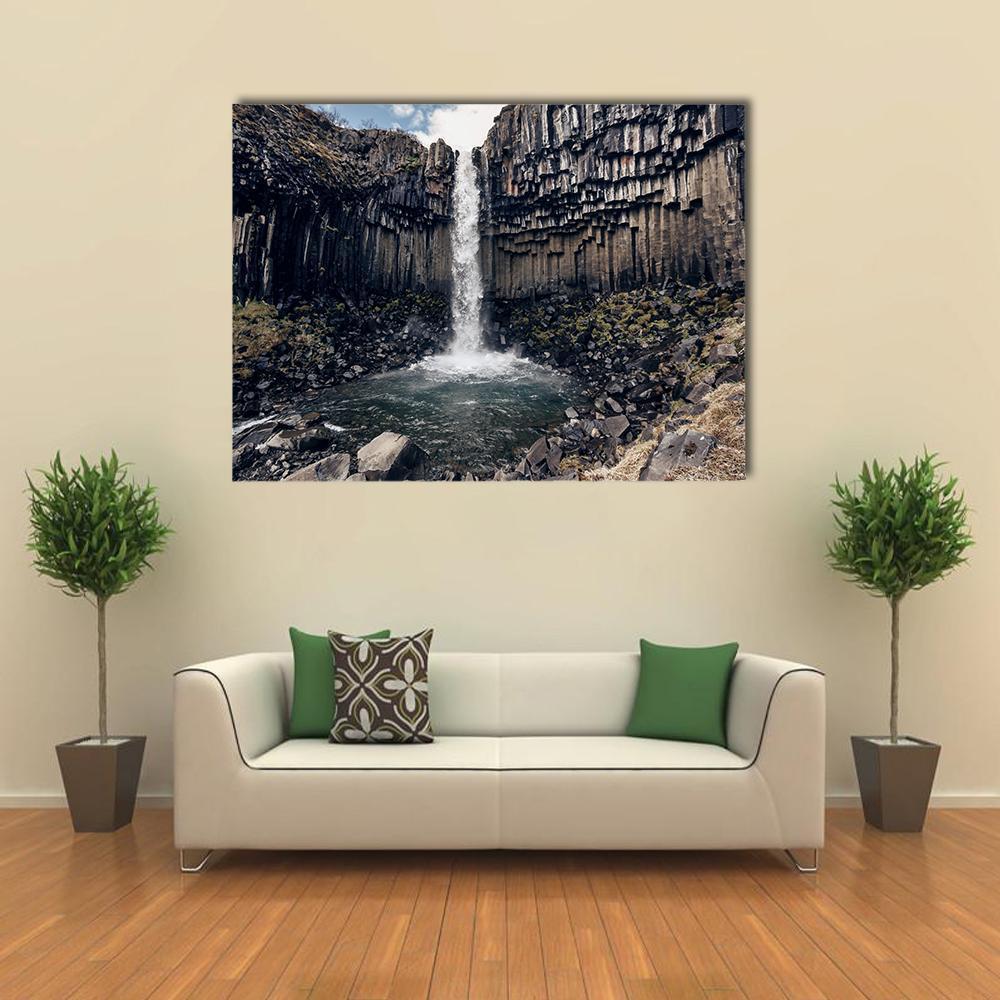 Svartifoss Black Waterfall Canvas Wall Art-1 Piece-Gallery Wrap-48" x 32"-Tiaracle
