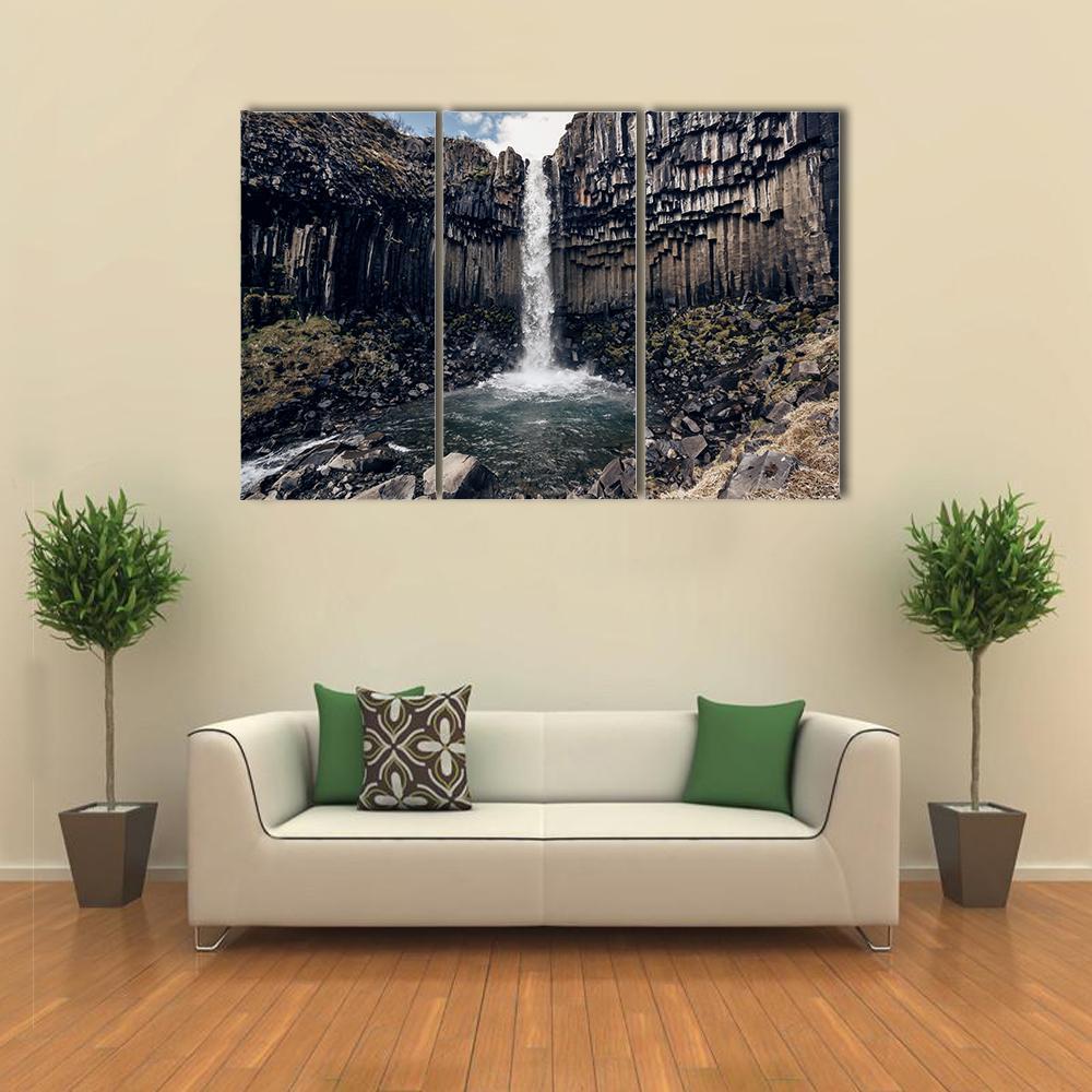 Svartifoss Black Waterfall Canvas Wall Art-3 Horizontal-Gallery Wrap-37" x 24"-Tiaracle