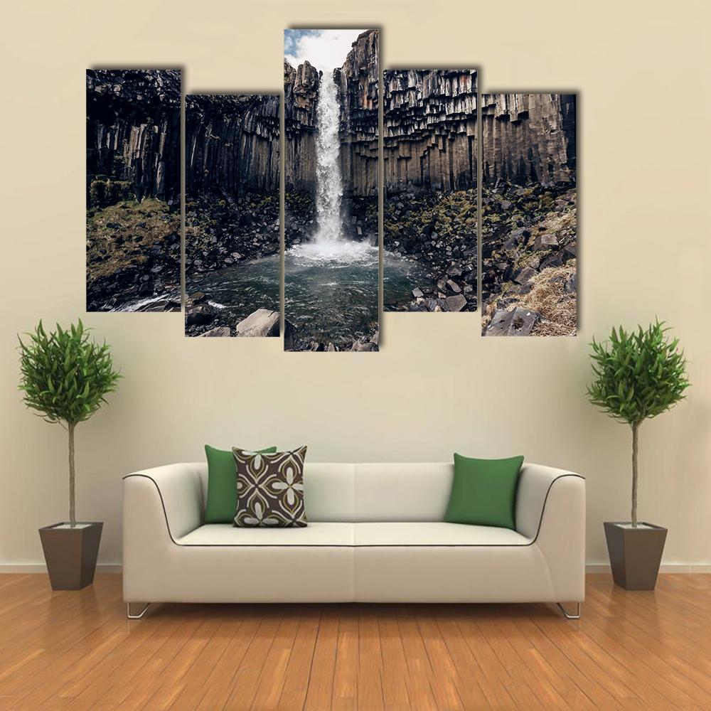 Svartifoss Black Waterfall Canvas Wall Art-5 Pop-Gallery Wrap-47" x 32"-Tiaracle